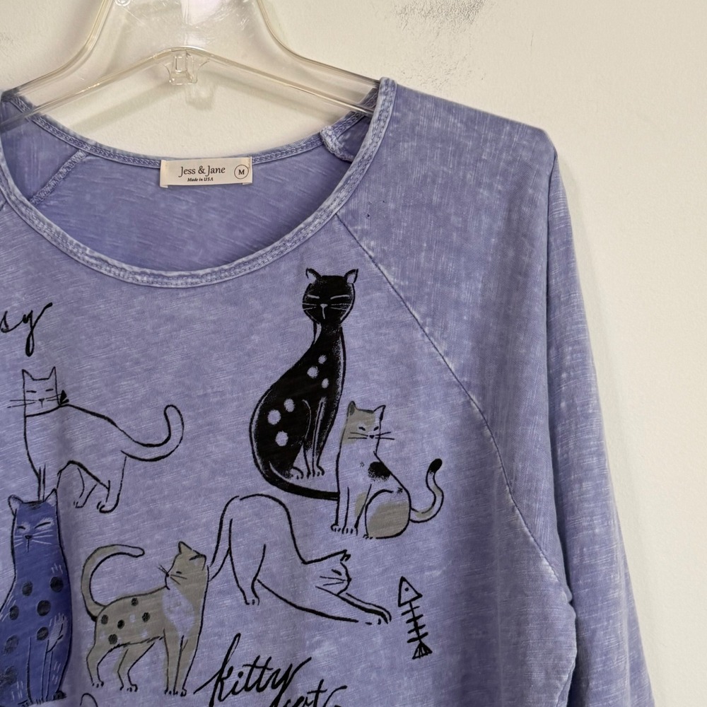 Jess & Jane Whiskers Cat Graphic Tunic Top M Blue Mineral Wash M12-2228 NEW FLAW - Picture 3 of 11